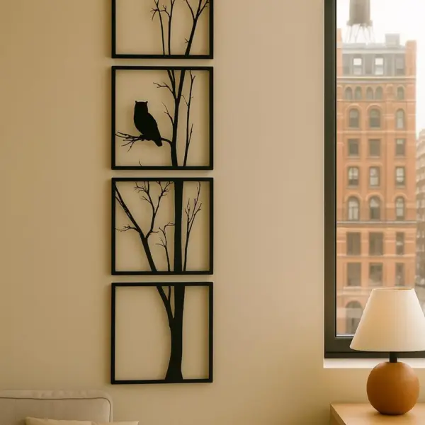 Metal Owl Tree Wall Art – 4 Panel Boho Silhouette Decor