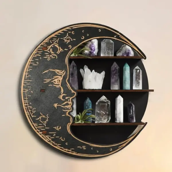 Wooden Wall Shelf - Mystic Moon Face Floating Shelf Wall Decor Boho for Home Organizer