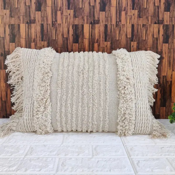 White Textured Fringe 14x20 Inches Cotton Pillow Cover