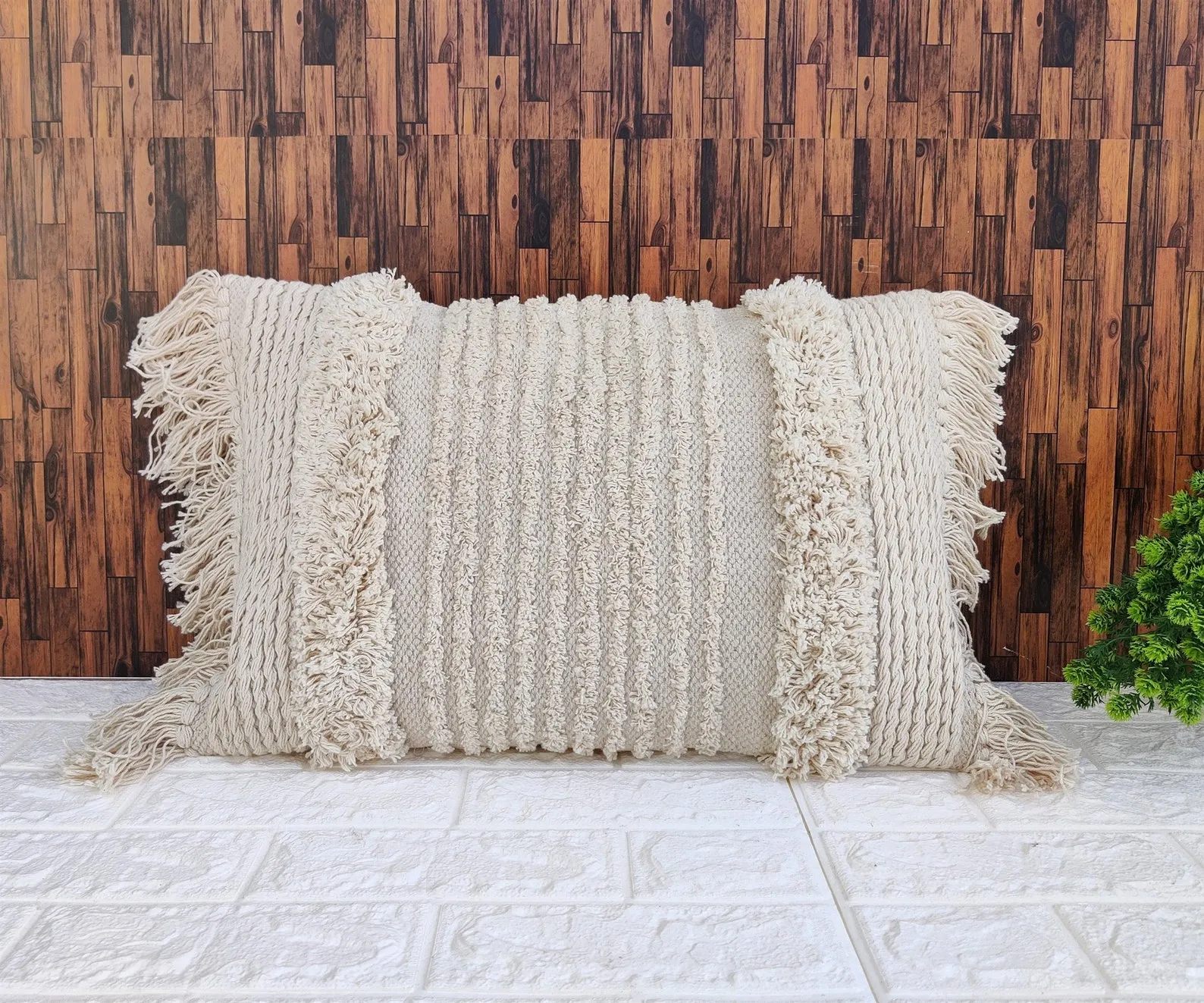 White Textured Fringe 14x20 Inches Cotton Pillow Cover