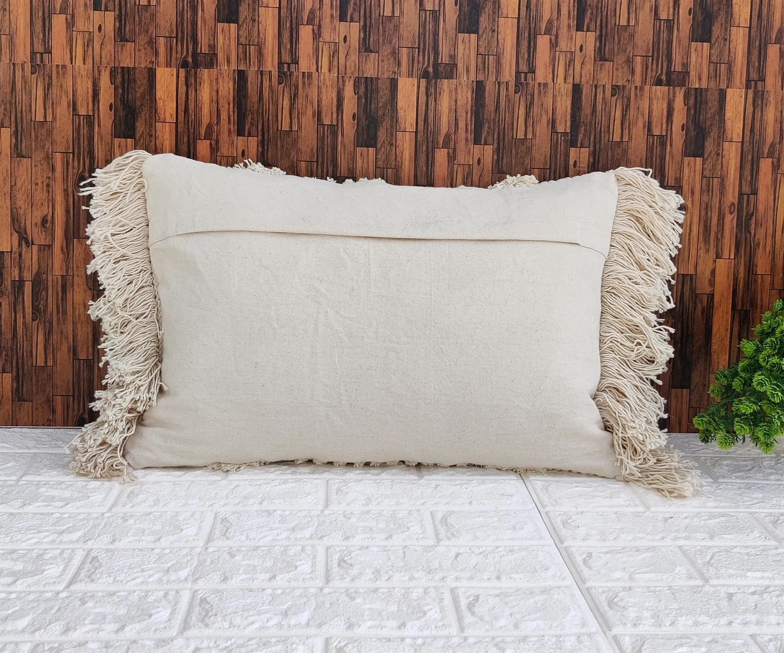 White Textured Fringe 14x20 Inches Cotton Pillow Cover - Image 2