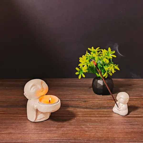 Set of 2 Buddhist Monk Candle Holders & Incense Stand – Zen Spiritual Decor Gift.