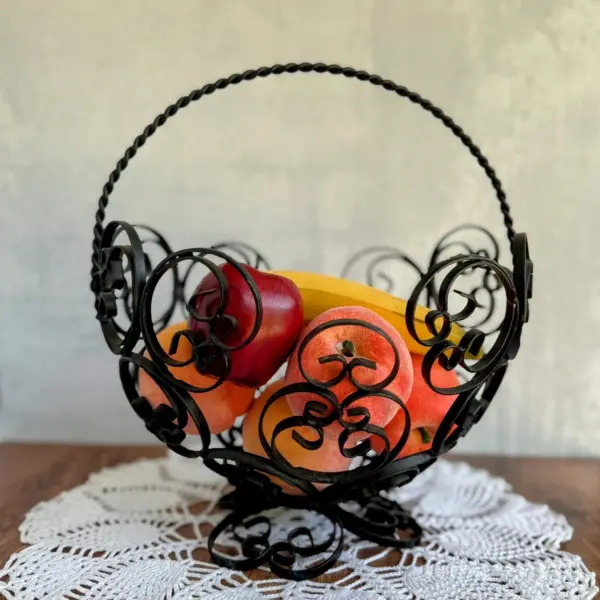 Vintage Wrought Iron Fruit Basket: Black Metal Mid Century Decor