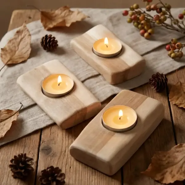 Set of 3 Natural Birch Wood Tealight Holders