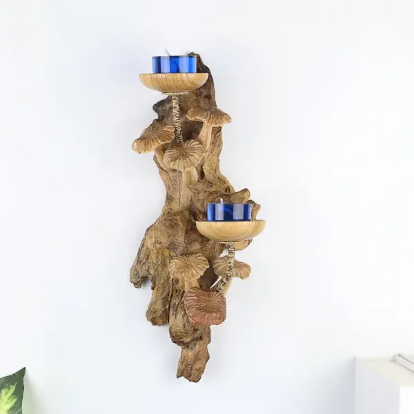 Wood Candle Holder Hanging Wall Art With Mushroom Carving, Wall Candle Holder