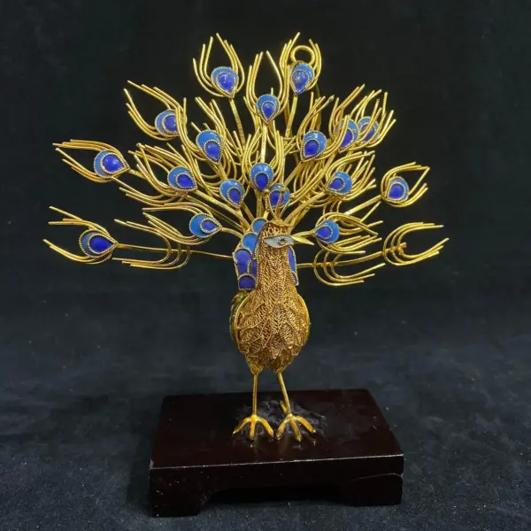 Golden Peacock Cloisonne Enamel Decor with Wooden Base - Chinese Art Piece