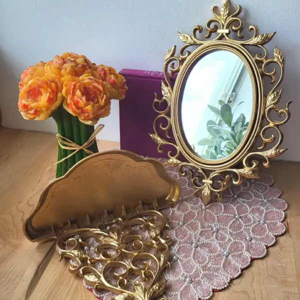 Vintage 90s Gold Color Ornate Style Victorian Mirror and Shelf Braquette Plastic