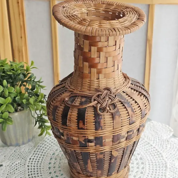 Vintage Wicker Basket Vase, Bottle Neck design Decorative Boho Decor