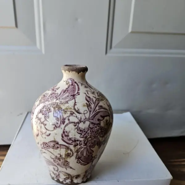 Vintage Ceramic Vase, Floral Pattern Crackle Glaze